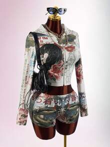 Amplova Y2K 性感緊身顯身材女款兩件套，附日式浮世繪印花帽子，街頭風，適合街拍、約會與日常穿著 - 彩色 - 查看 10