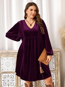 EMERY ROSE Plus Size Women's Autumn/Winter V-Neck Long Sleeve Velvet Lace Trim Patchwork Purple Dress Dinner Party Elegant Fall - Violet Purple - View 9
