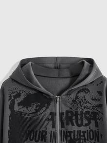 ROMWE Grunge Punk Plus Size Punk Graffiti Letter & Palm Print Graphic Sweatshirt - Dark Grey - View 3