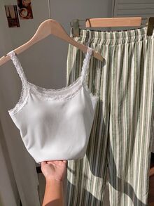 Comfortcana 女款休閒純色對比蕾絲細肩帶背心與條紋長褲兩件套 - 綠色 - 查看 6