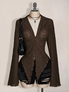 SHEIN ICON ICON PLUS 生菜邊飾不對稱下擺透視上衣 無內衣設計 大尺碼女式襯衫-1891,Y2k秋季 - 棕色 - 查看 6
