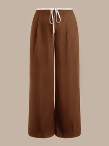 SHEIN BASICS 女款休閒拼色梭織高腰寬鬆闊腿口袋運動長褲 - 棕色 - 查看 6