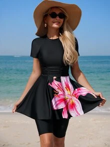 Swim Shayni Women's Summer Vacation Short Sleeve Sun Protection Conservative Swimwear, Lily Print Skirt Tankini, Tummy Control Ruched High Waist Tankini Bottom 2 Pieces Swimsuit Beach Wear - Black - View 1