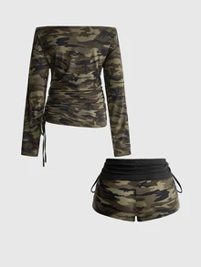 ROMWE J-Fashion Y2K Sexy Hot Girl Striped Batwing Sleeve Ruched Drawstring Off-Shoulder Women's Set - Army Green - View 2