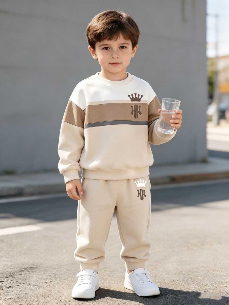 2pcs Toddler Apricot Crown NY Letter Print Fleece Crew Neck Sweatshirt And Matching Print Sweatpants Set, Colorblock Striped, Sports Outdoor Casual, Suitable For Autumn/Winter - Multicolor - View 1