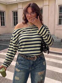 SHEIN CURVE+ 女款大尺碼 22W 秋季/冬季條紋寬鬆大尺碼 T 恤 - 彩色 - 查看 4