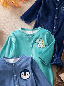 SHEIN 5件組隨機1件秋冬新生兒居家連身衣，可愛小狗大象無尾熊刺繡，杏色綠色藍色卡其灰色單面水晶絨毛休閒極簡長袖包屁衣爬行服 - 彩色 - 查看 7