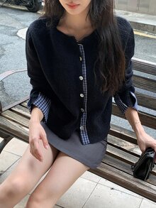 DAZY Black Round Neck Plaid Patchwork Cuff Button Long Sleeve Casual Knit 2 In 1 Cardigan Sweater Fall - Black - View 8