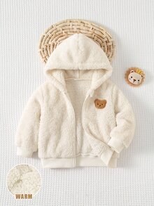 SHEIN 新生兒可愛休閒百搭毛茸茸泰迪熊圖案連帽外套 - 杏色 - 查看 3