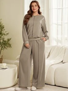 Rosumi 2pcs Set Plus Size Women's Autumn/Winter Casual Vacation Solid Grey Sweatshirt And Pants 2 Pieces Set With Pockets, Loungewear,Modest Outfits,Fall - Grey - View 1