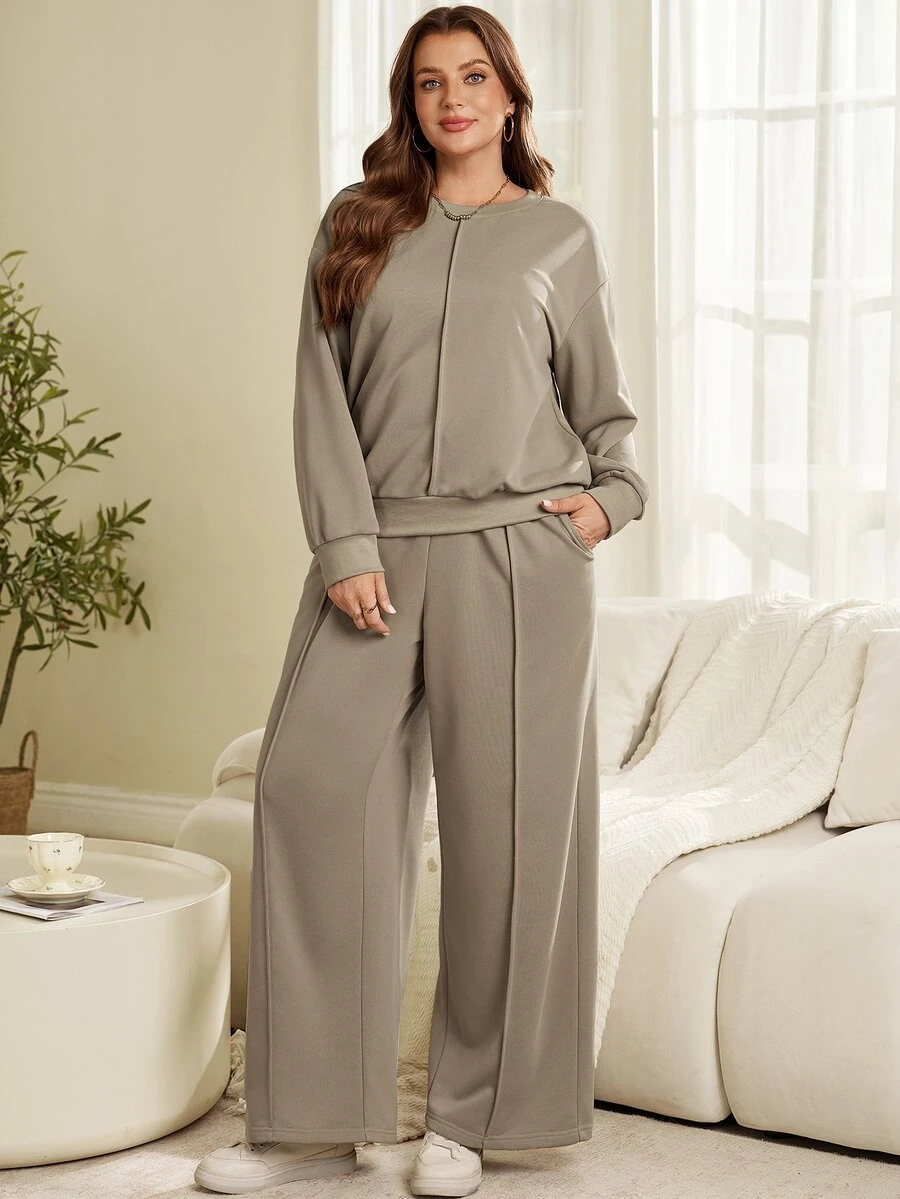 Rosumi 2pcs Set Plus Size Women's Autumn/Winter Casual Vacation Solid Grey Sweatshirt And Pants 2 Pieces Set With Pockets, Loungewear,Modest Outfits,Fall - Grey - View 1
