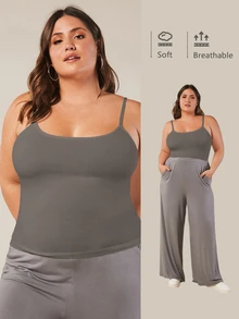 SHEIN BASICS 大尺碼純色細肩帶背心上衣 女款夏季上衣 夏日穿搭 - 深灰色 - 查看 7