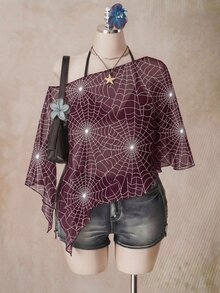 SHEIN ICON 大尺碼網紗蜘蛛網印花不對稱下擺上衣 - 彩色 - 查看 3