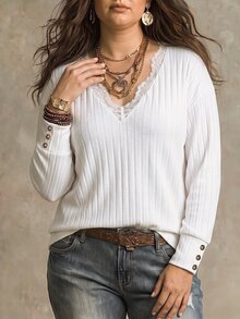 SHEIN Women's Autumn/Winter New Hot-Selling Lace Trim Patchwork Soft Ribbed Knit V-Neck Casual Versatile Plus Size T-Shirt - White - View 4
