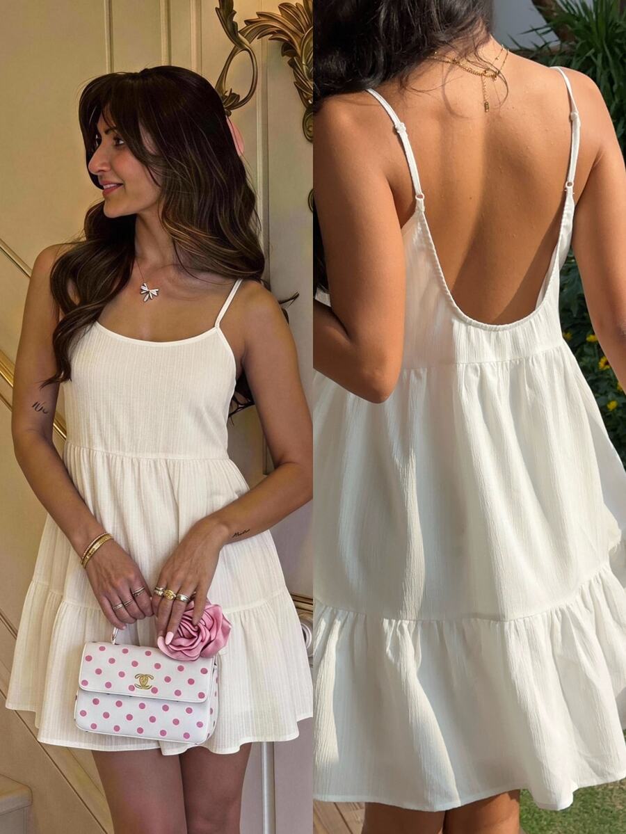 CovetEZ Women's Summer Casual Solid Color Backless Spaghetti Strap Short Dress - White - View 1