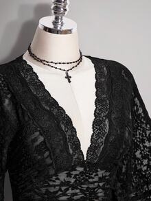 SHEIN ICON Women's Halloween Black Lace Wrap Flutter Sleeve Deep V Neck Sexy Black Gothic French Lace Patchwork Sheer Top For Date - Black - View 5