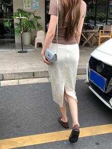 DAZY Beige Lace Patchwork Sheer Tulle High Waist A-Line Elegant Sweet French Style Mid-Length Skirt - Apricot - View 4