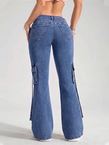 SHEIN PETITE Celana Jeans Denim Model Bell Bottom Pinggang Rendah Kasual dengan Desain Washed - Biru - View 2