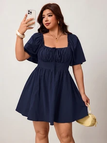 Enliva Plus Size Women's Spring/Summer New Casual Daily Outfit, Suitable For Party, Date, Birthday, Music Festival, Back To School, Commute, Vacation And Other Occasions, Ruffle Short Sleeve Dress, Cold Shoulder Design, Soft Cotton Blend Fabric, Loose Fit, Short Length, Black, Plus Size Available - Navy Blue - View 7