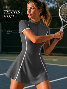 CourtClass 1 Set Grey Seamed Women's Sports Dress, Stand Collar, Zipper, Soft Comfortable Fit, Suitable For Workout, Running, Casual, Yoga - Grey - View 5
