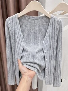 INAWLY 女款素色休閒百搭日常穿著長袖上衣 - 淺灰色 - 查看 1