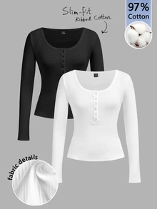 Tseoso 2pcs Henley Collar Button Front Long Sleeve T-Shirt Set (Black & White) - Suitable For Autumn, Winter, Spring, Combining Casual Vintage Classic, Sweet Girl And Minimalist Fresh Styles - Black and White - View 12