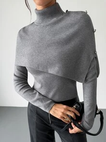 Firerie Women's Solid Color High Neck Long Sleeve Button Design Asymmetrical Sweater - Dark Grey - View 4