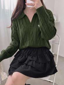 DAZY 女款V領刺繡麻花針織毛衣，寬鬆版型設計，秋冬上衣 - 綠色 - 查看 4