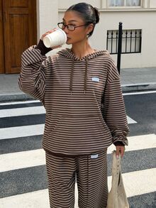 Muchica 女款棕色條紋針織休閒運動衫套裝 - 棕色 - 查看 5