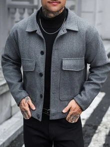 Manfinity CasualCool 男士羊毛單排扣休閒直筒長褲，配雙蓋大貼袋 - 灰色 - 查看 3