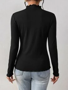 SHEIN Frenchy 女款黑色純色高領修身長袖T恤，秋冬新款，春季高領上衣，推薦內搭層 - 黑色 - 查看 2