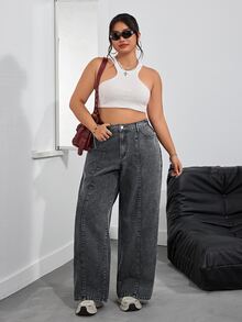 SHEIN PETITE CURVE 大尺碼女款休閒日常牛仔褲，附口袋與鈕扣設計 - 灰色 - 查看 3