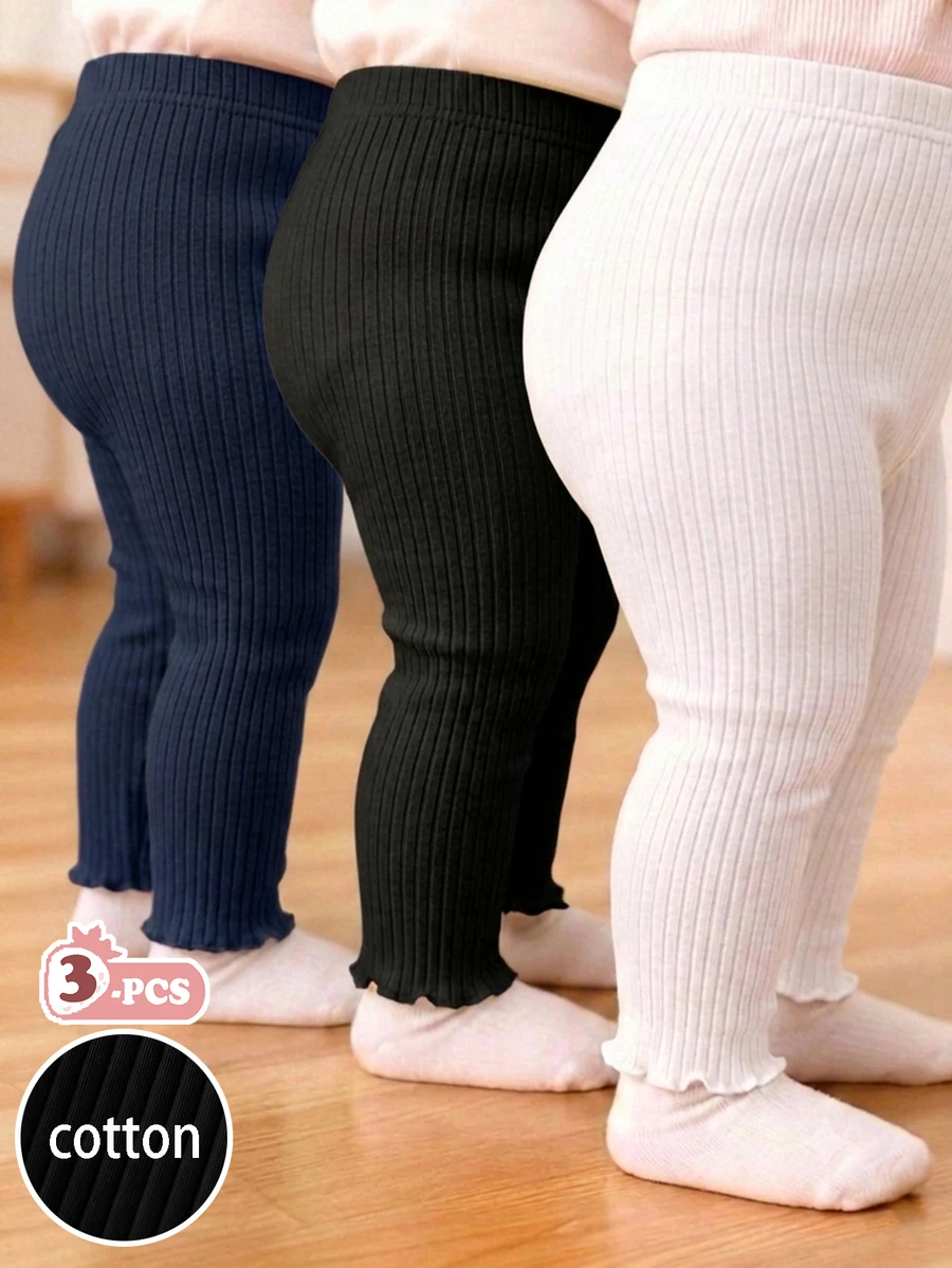 SHEIN Vintaside Kids 3件組幼兒女嬰羅紋內搭褲,甜美優雅深藍色、白色、黑色荷葉邊高腰款,生日派對秋季芭蕾聖誕假期紋理設計 - 藍色 - 查看 1