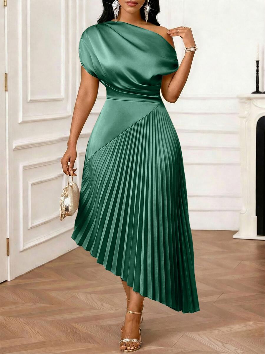SHEIN Lady Plus Size Elegant One Shoulder Pleated Elegant Dress - Green - View 1