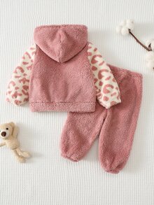 SHEIN 女童小女孩拼接豹紋拉鍊連帽外套與長褲休閒套裝 - 彩色 - 查看 2