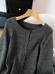 GlowEve CURVE Plus Size Women's Fashion Casual Minimalist Versatile Elegant Lace Patchwork Ruffle Long Sleeve Button Round Neck Knit Cardigan - Grey - View 3
