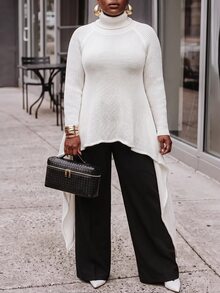 Slaydiva Plus Size Women's Knit Tunic, Turtleneck Hollow Asymmetric Hem Long Knit Layering Top Winter - Apricot - View 9