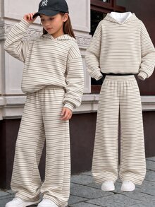 Tween Girls Hooded Drop Shoulder Sweatshirt And Straight Leg Pants 2 Pieces Set With Cartoon Pattern, Suitable For Autumn/Winter - Multicolor - View 3