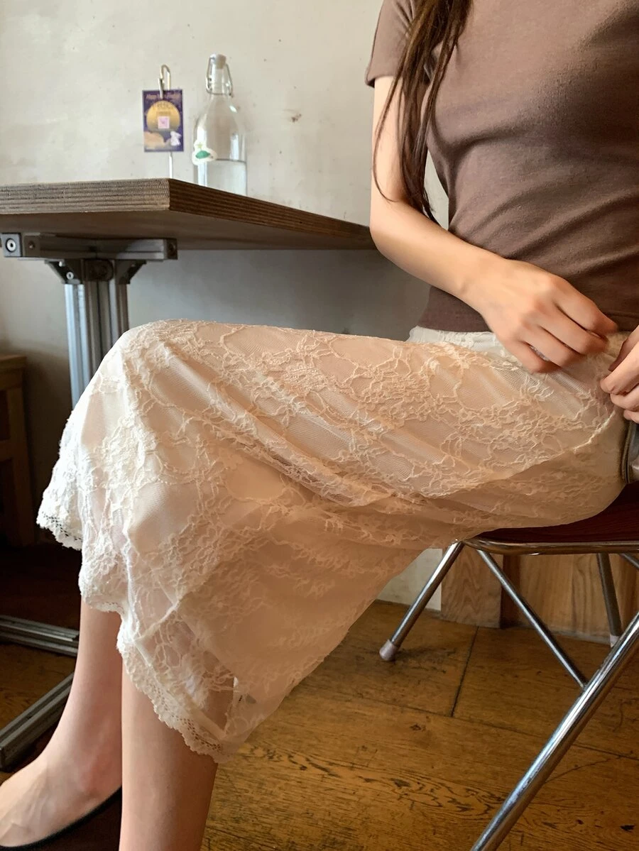 DAZY Beige Lace Patchwork Sheer Tulle High Waist A-Line Elegant Sweet French Style Mid-Length Skirt - Apricot - View 1