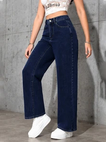 SHEIN ICON 女款直筒寬鬆休閒百搭牛仔褲，附口袋 - 深色水洗藍 - 查看 5