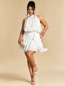 SHEIN BAE Plus Size Women Minimalist Sexy Pleated Ruffle Hem Halter Neck Dress - White - View 4