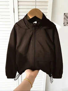 SHEIN 女童時尚休閒梭織前拉鍊背心，長袖秋冬上衣，返校季適用 - 棕色 - 查看 6