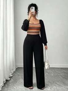 SHEIN LUNE جمبسوت نسائي للخريف/الشتاء للعطلات بتصميم هندسي مرقع وألوان متباينة وياقة مربعة وأكمام فانوس طويلة وساق واسعة - متعدد الألوان - مشاهدة 3
