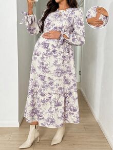 SHEIN 孕婦哺乳花卉印花時尚洋裝 - 紫色 - 查看 7