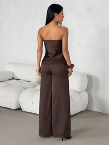SHEIN PETITE Women's Satin & Lace Patchwork Bandeau Top And Long Pants 2 Pieces Set - Coffee Brown - View 2