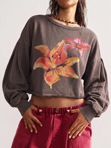 Bohemela 女款街頭風花卉印花時尚長袖運動衫 - 棕色 - 查看 8