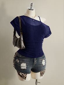 SHEIN ICON Plus Size Women Solid Color Asymmetrical Shoulder Casual Daily T-Shirt - Navy Blue - View 5