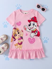 SHEIN | PAW Patrol Gaun Anak Perempuan Muda Kerah Bulat Lengan Pendek dengan Hiasan Rumbai di Bagian Bawah - Berwarna merah muda - View 3