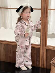 DAZY Infant/Toddler (Girl) Collared Striped All-Over Print Comfortable Long Sleeve Shirt & Long Pants 2 Pieces Set Loungewear - Baby Pink - View 5
