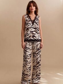 CielaLinda Women's Leopard Print Lace-Trim Sleeveless Top & Wide-Leg Pants Two Pieces Set - Multicolor - View 5
